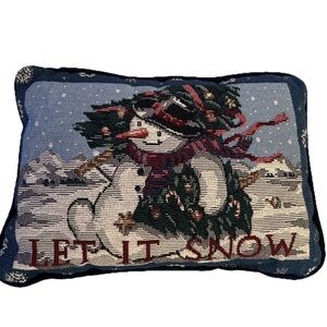 Vintage Tapestry Snowman Throw Pillow Christmas Trees Holiday Let It Snow Decor